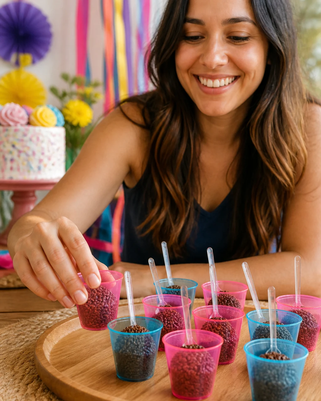 Mulher sorrindo pega um docinho de colher em um copinho mini neon rosa de uma bandeja com copinhos Clean Wave rosa e azul